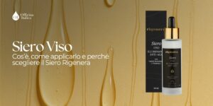 grafica per articolo blog con gocce di siero viso che scorrono su sfondo dorato e prodotto in sovrimpressione